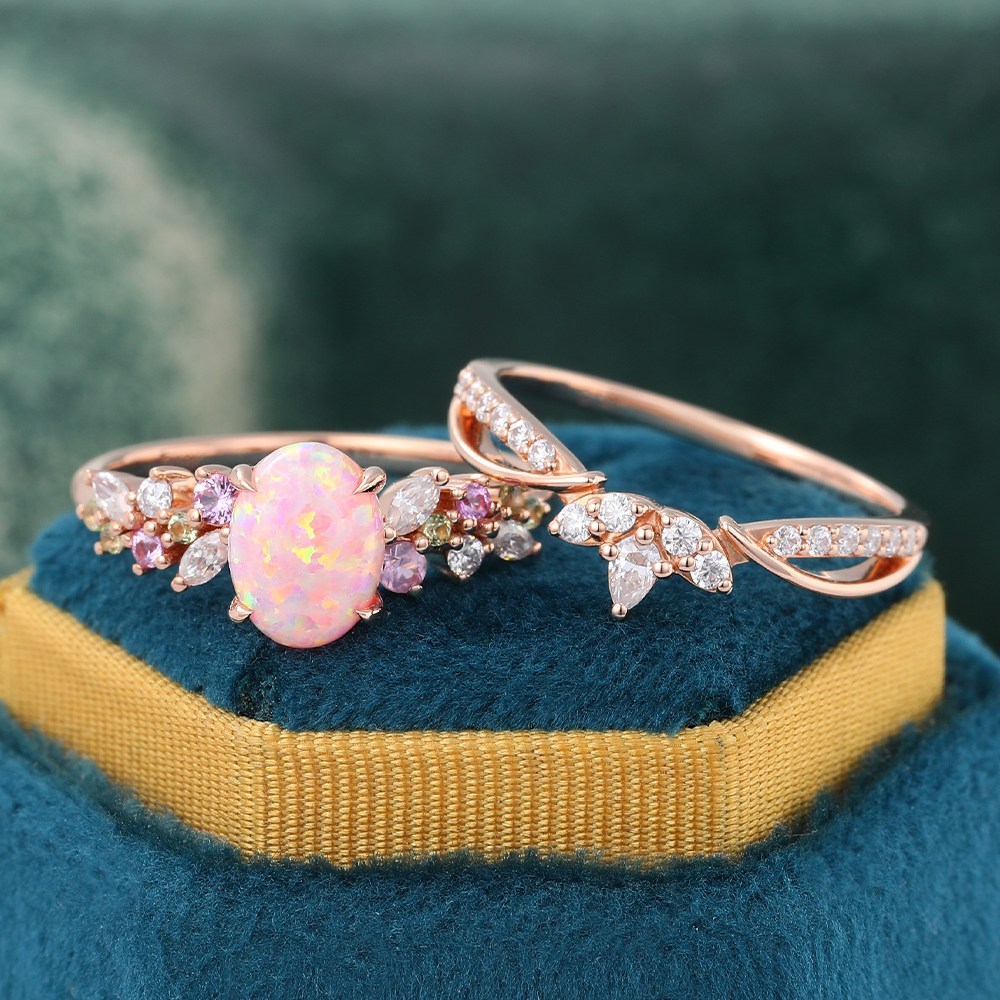 Juyoyo Vintage Oval Pink Opal Bridal Ring Set Diamond or Moissanite Crown Wedding Band Rose Gold
