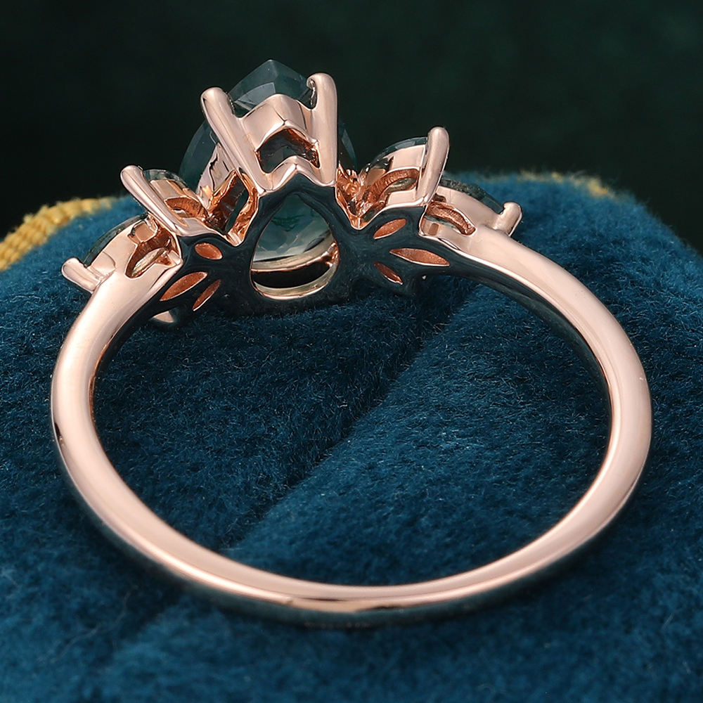 Natural Inspired Pear Moss Agate Engagement Ring with Marquise Moss Agate Accents