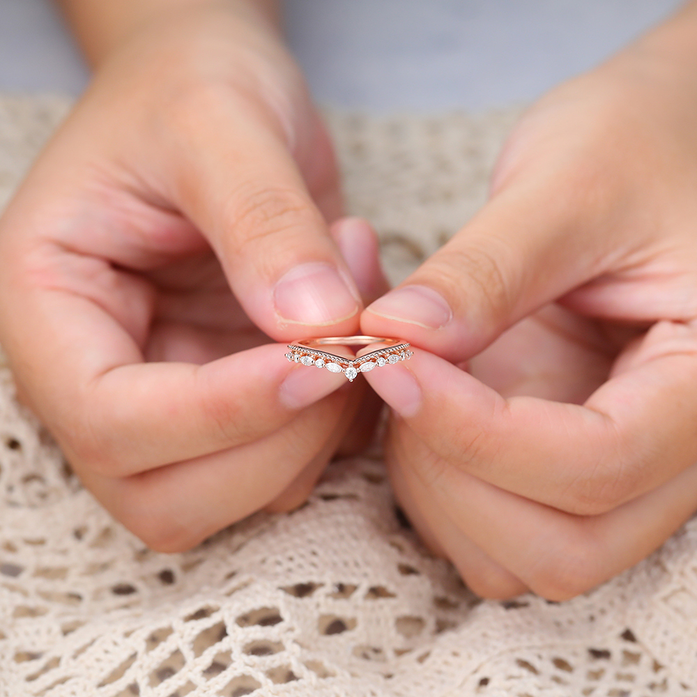 Juyoyo Round & Marquise Cut Moissanite Beaded Wedding Band Rose Gold Diamond Stacking Ring