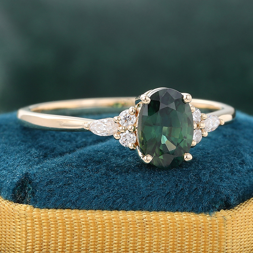 Oval Cut Green Blue Sapphire Engagement Ring Yellow Gold Ring for Women