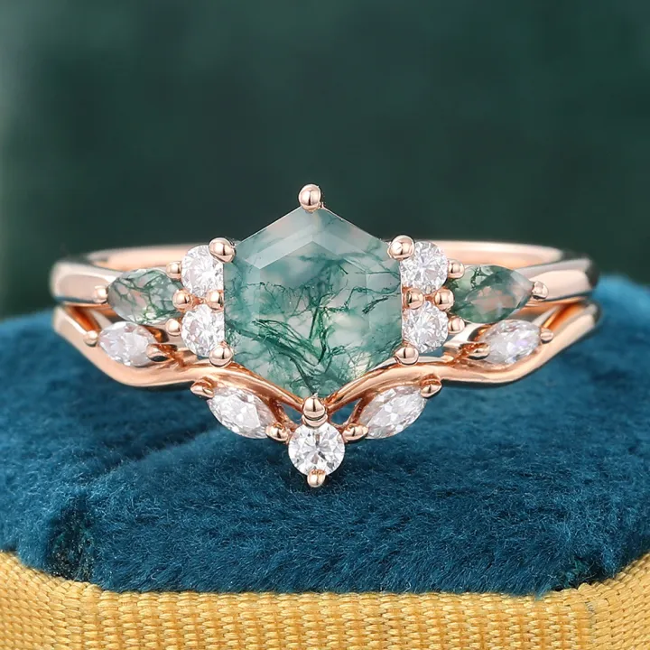 Hexagon Cut Moss Agate Ring with Matching Curved Wedding Band - 2PCS Bridal Ring Set