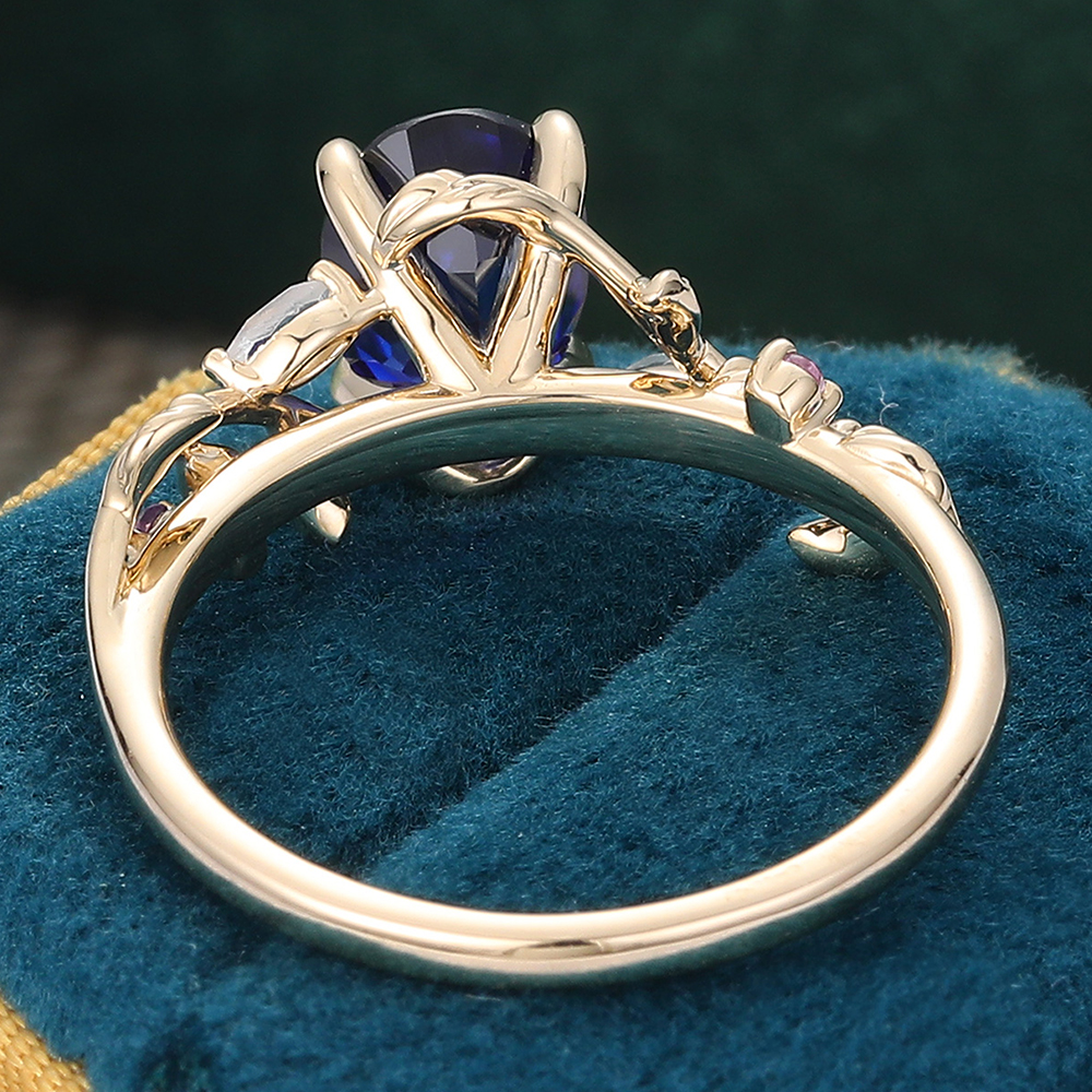 Juyoyo Unique Oval Cut Blue Sapphire Engagement Ring Nature Inspired Promise Ring 14K Yellow Gold