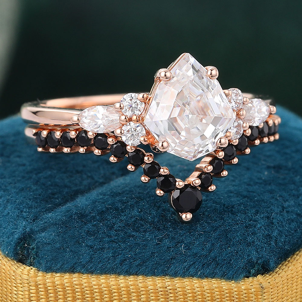 Juyoyo Unique Shield Shaped Moissanite Engagement Ring Set with Curved Black Onyx Ring Set Rose Gold