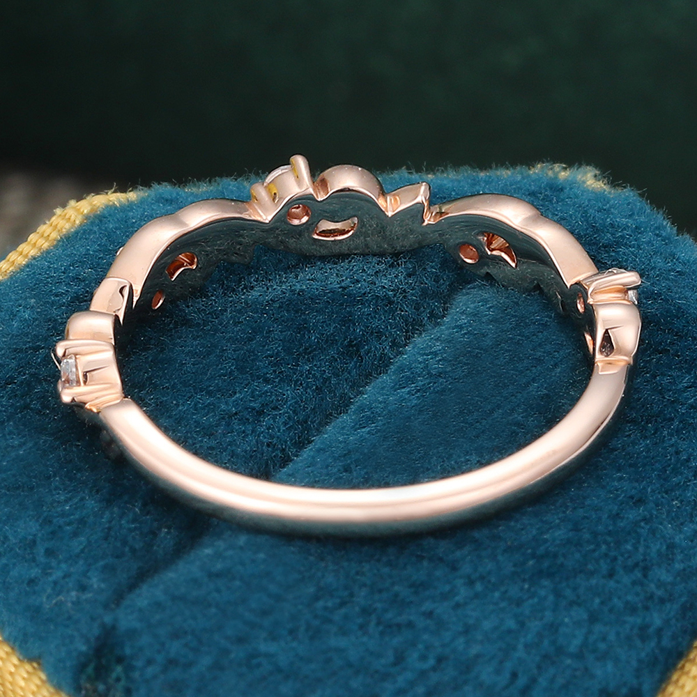 Juyoyo Round Cut Natural Diamond Rose Gold Leaf Shaped Unique Anniversary Wedding Band