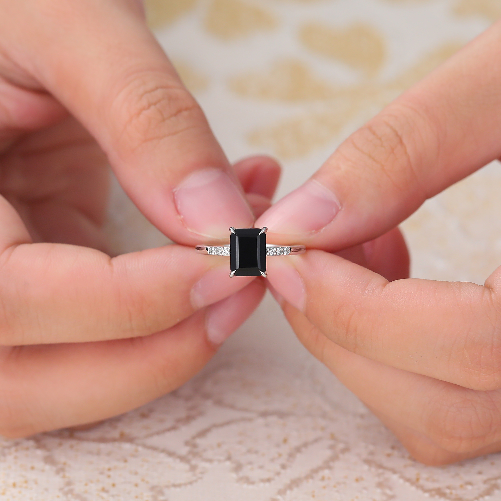 Emerald Cut Black Onyx Engagement Ring Minimalist Pav�� Diamond Ring in White Gold