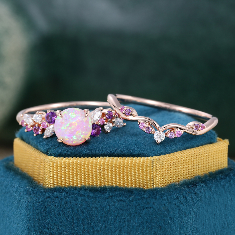 Juyoyo Round Pink Opal Engagement Ring Set Nature Inspired Bridal Set 14K Rose Gold