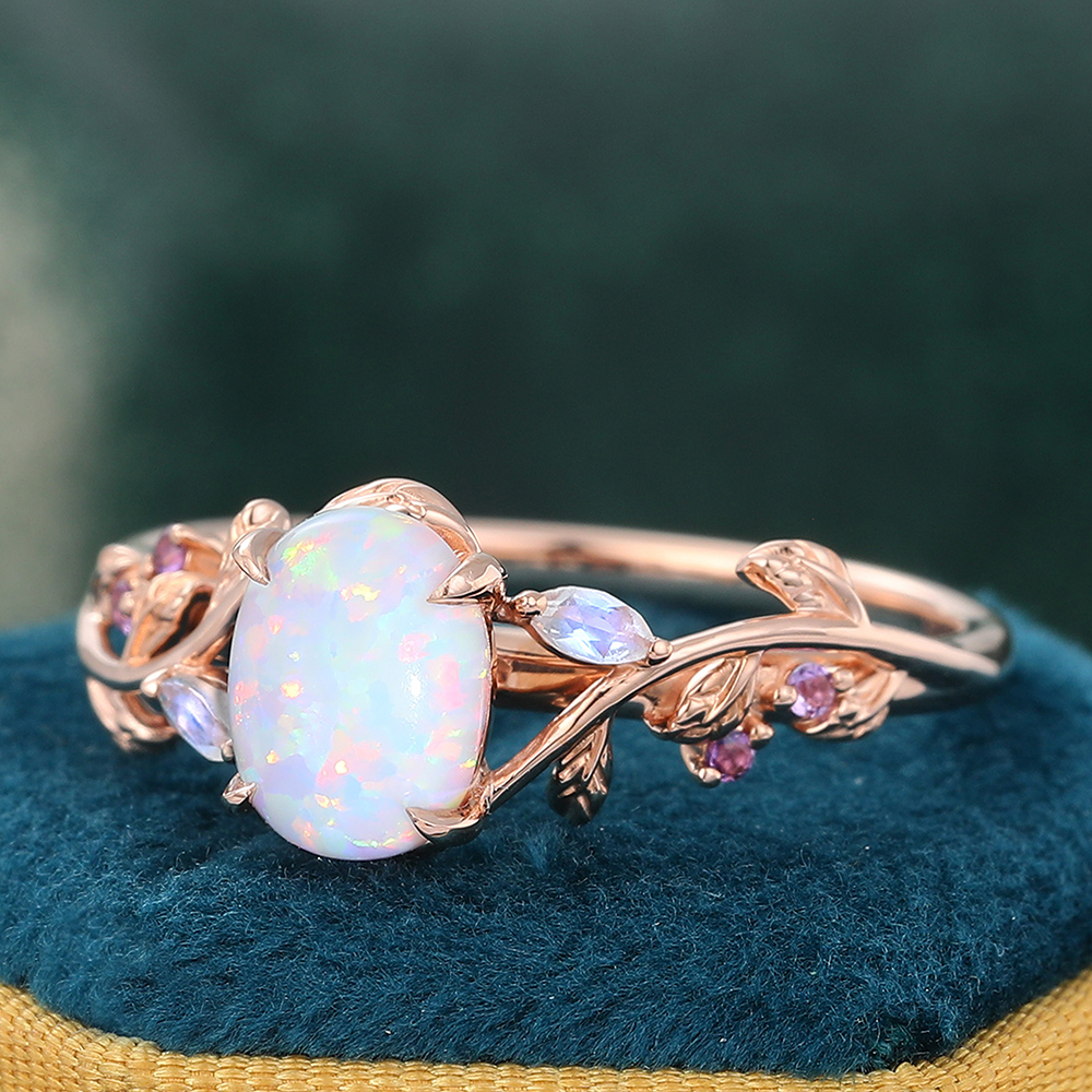 Juyoyo Vintage Oval Opal Engagement Ring Nature Inspired Moonstone Amethyst Ring 14K Rose Gold