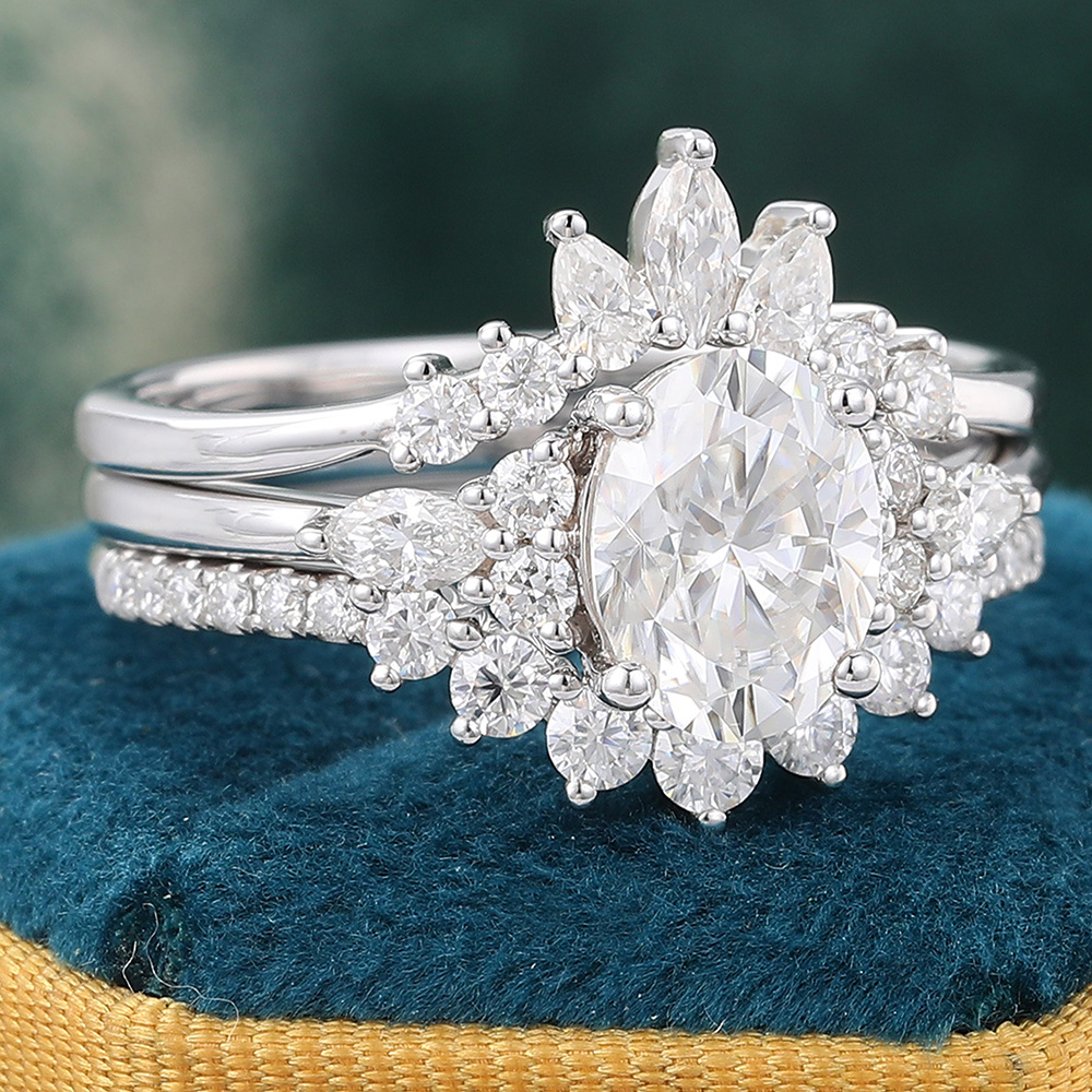 Juyoyo Oval Moissanite Engagement Ring Set Vintage Wedding Ring Set White Gold - 3pcs