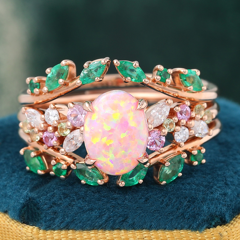 Juyoyo Vintage Oval Pink Opal Engagement Ring Nature Inspired Emerald Wedding Band Rose Gold