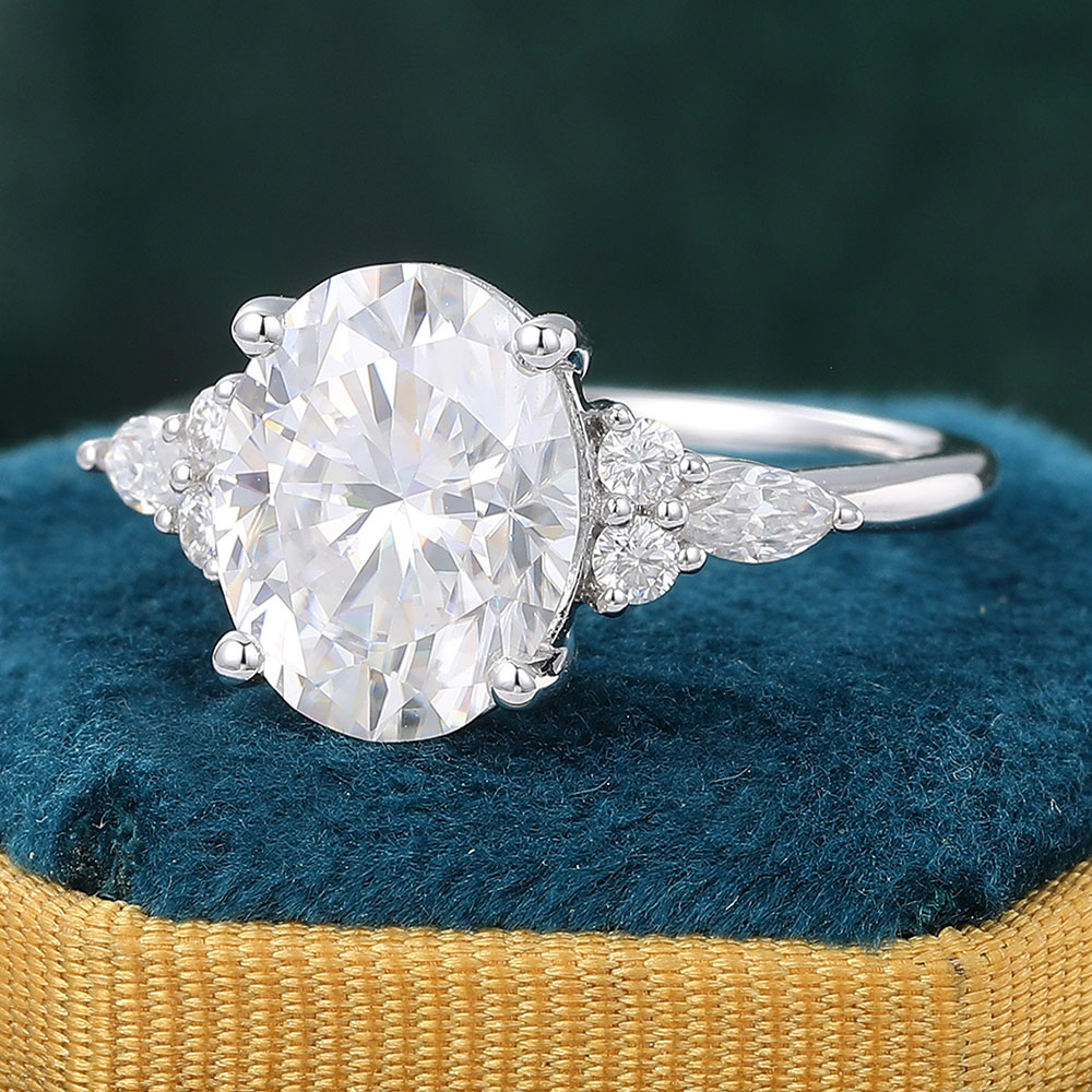 Juyoyo Oval Moissanite Engagement Ring Vintage Cluster Promise Wedding Ring in 14K White Gold