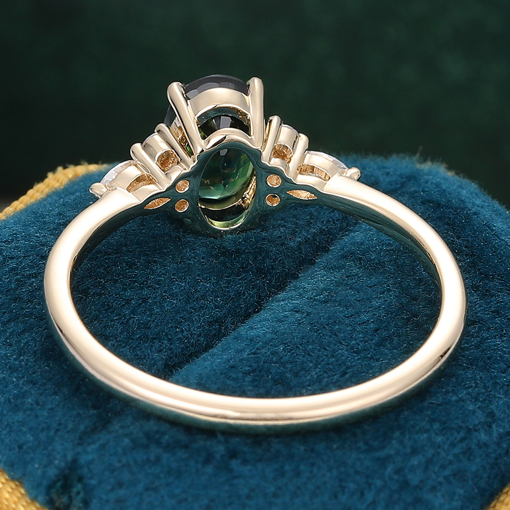 Oval Cut Green Blue Sapphire Engagement Ring Yellow Gold Ring for Women