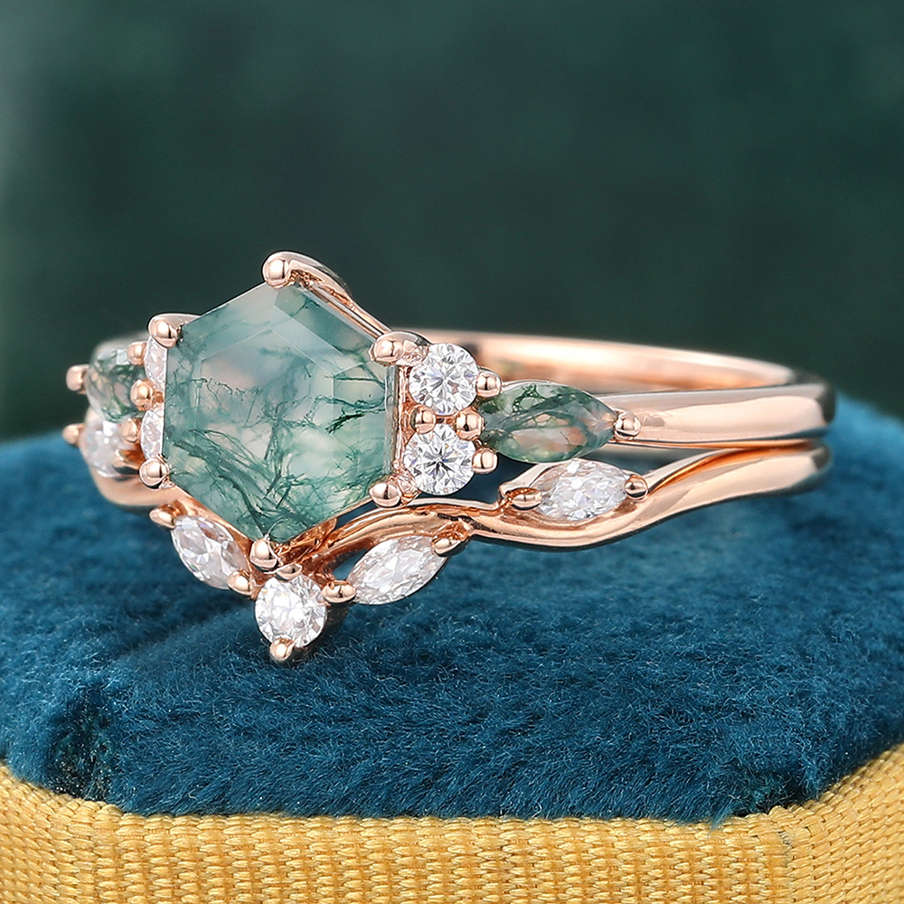 Juyoyo Hexagon Cut Moss Agate Ring with Matching Curved Wedding Band - 2PCS Bridal Ring Set