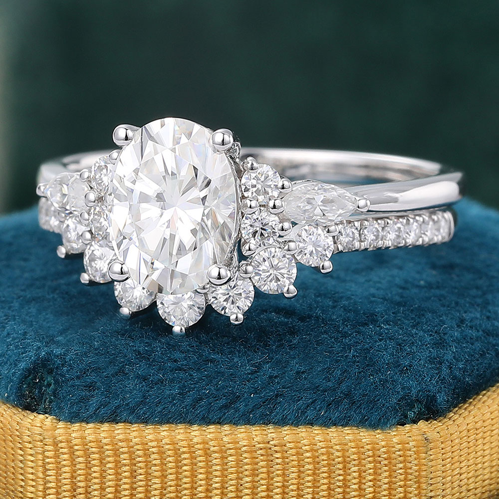 Oval Moissanite Bridal Set Vintage Cluster Engagement Ring with Curved Anniversary Band White Gold