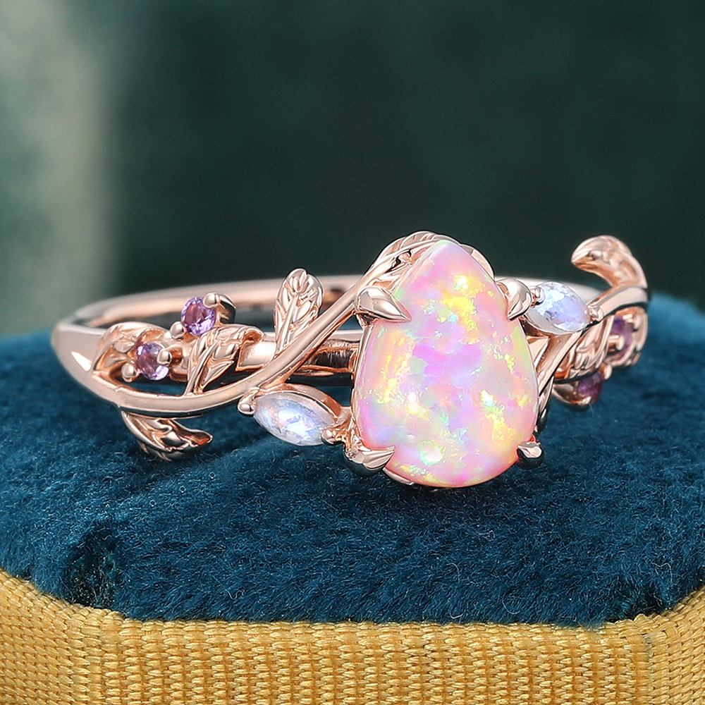 Rose Gold Pear Shaped Pink Opal Engagement Ring Nature Inspired Leaf Vine Promise Ring