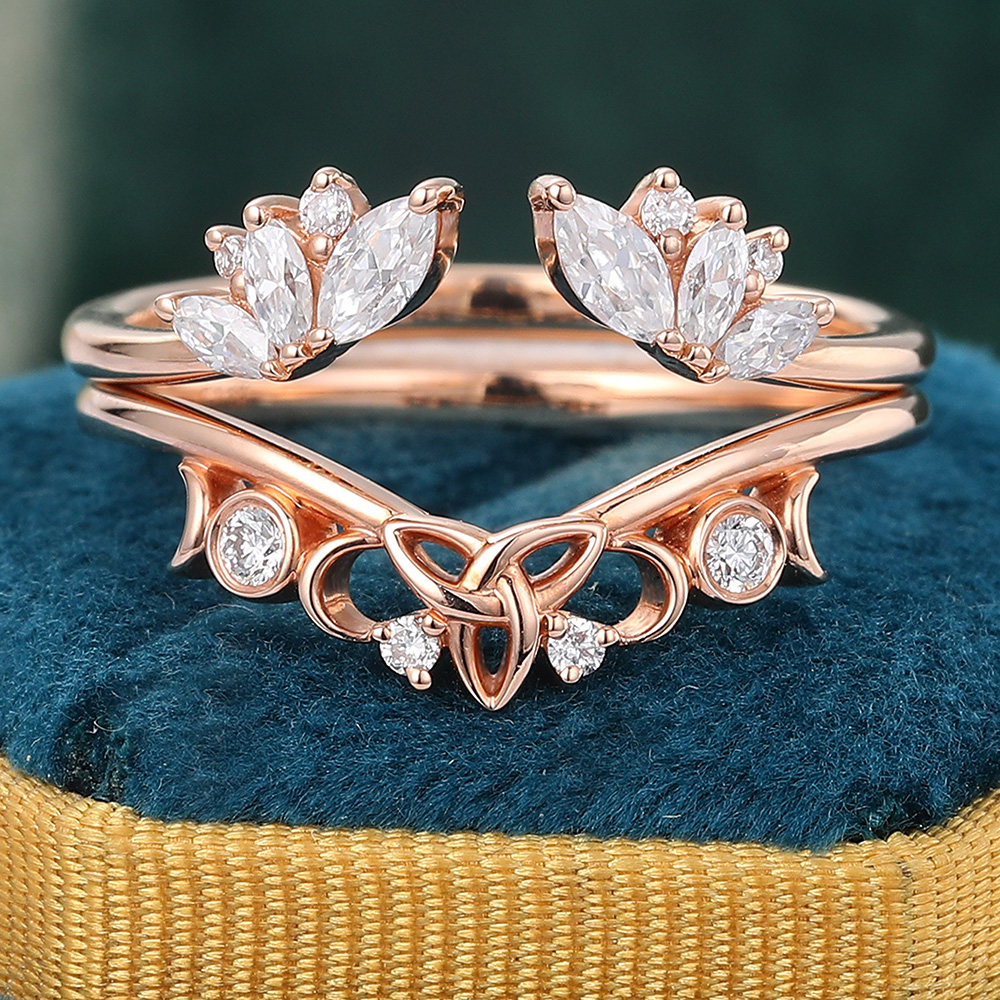 Juyoyo Vintage Round & Marquise Cut Moissanite Double Curved Wedding Band Stacking Ring