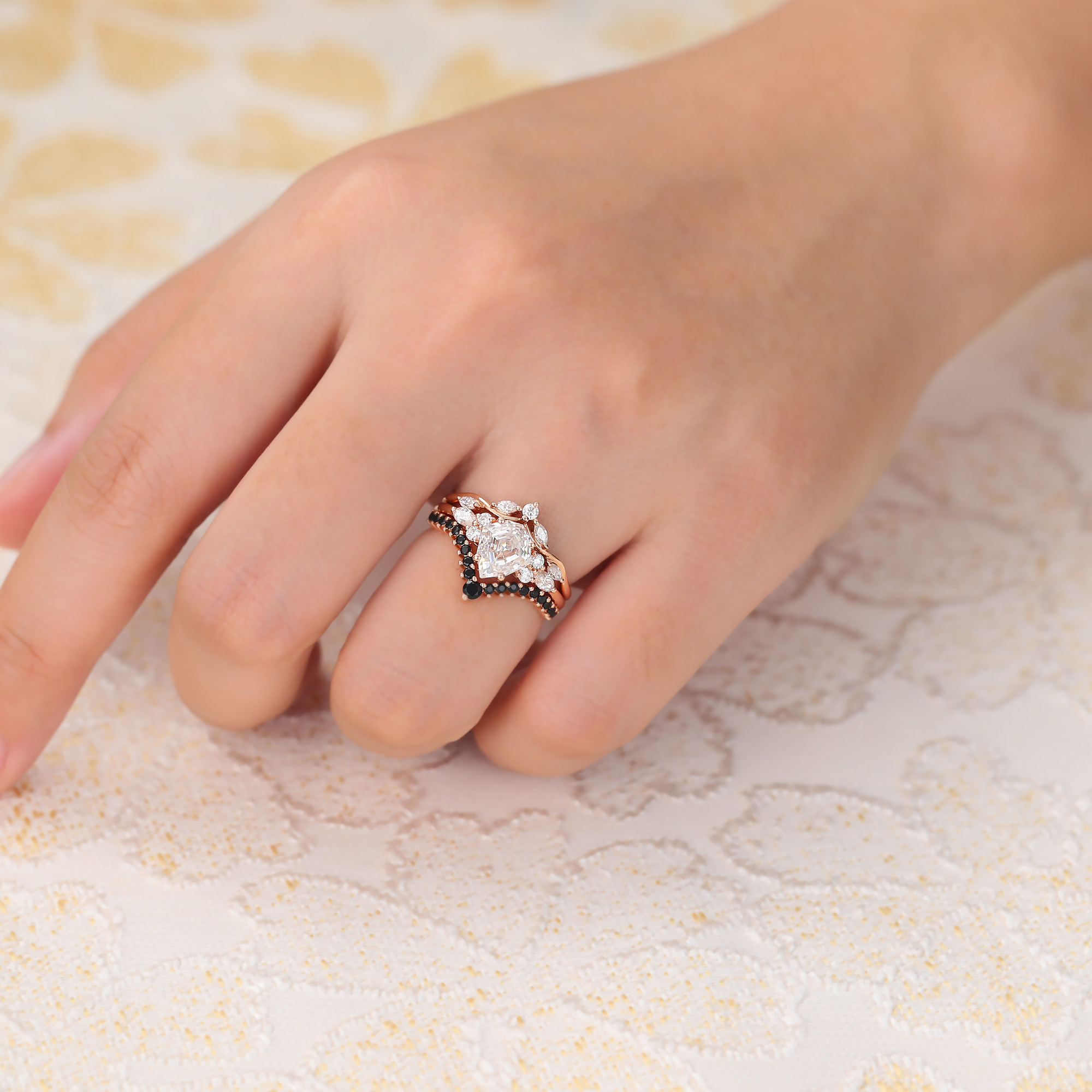 Juyoyo Shield Shaped Moissanite Bridal Ring Set Black Onyx Engagement Ring Set - 3pcs