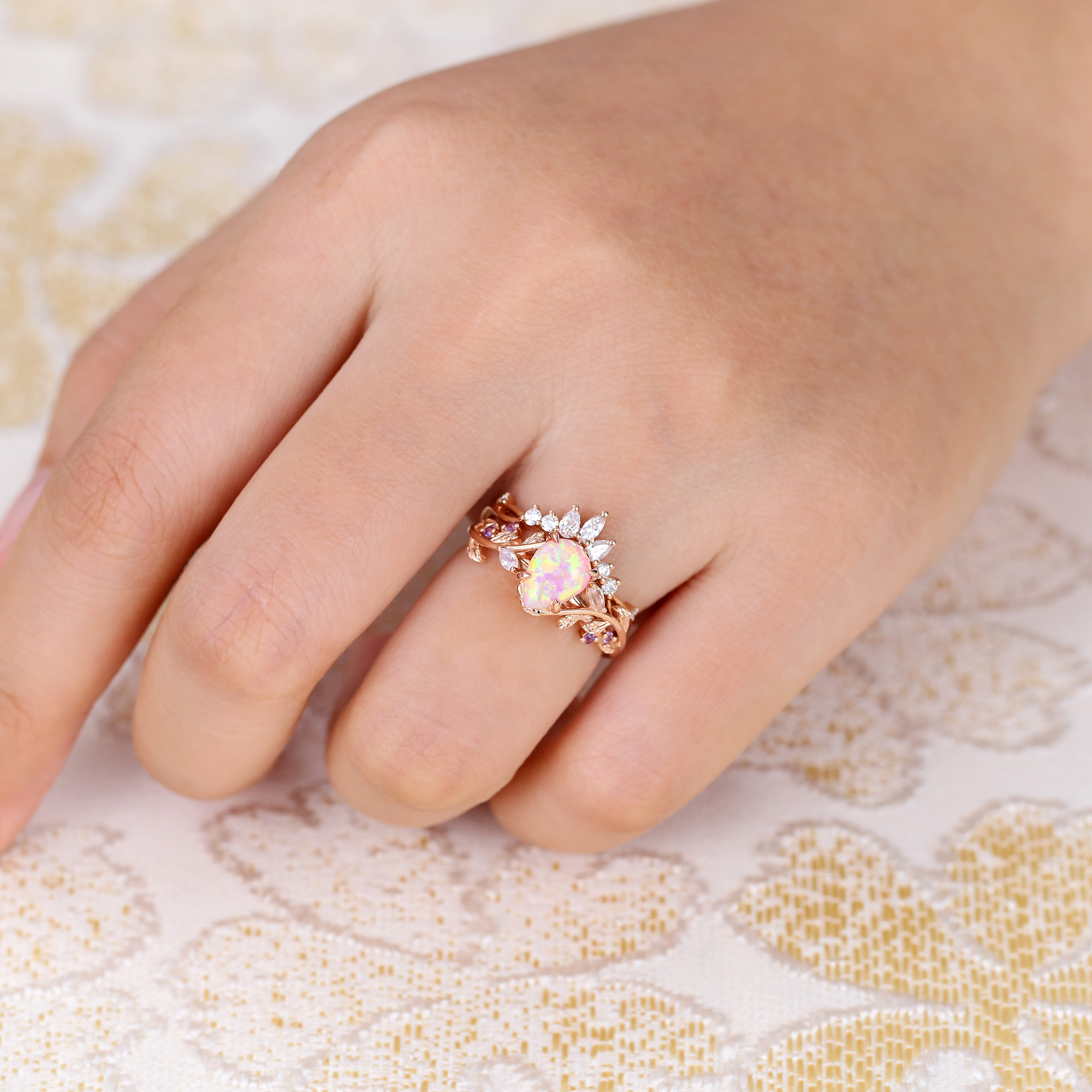 Juyoyo Pear Shaped Pink Opal Engagement Ring Set Vintage Natural Inspired Leaf Wedding Ring Set