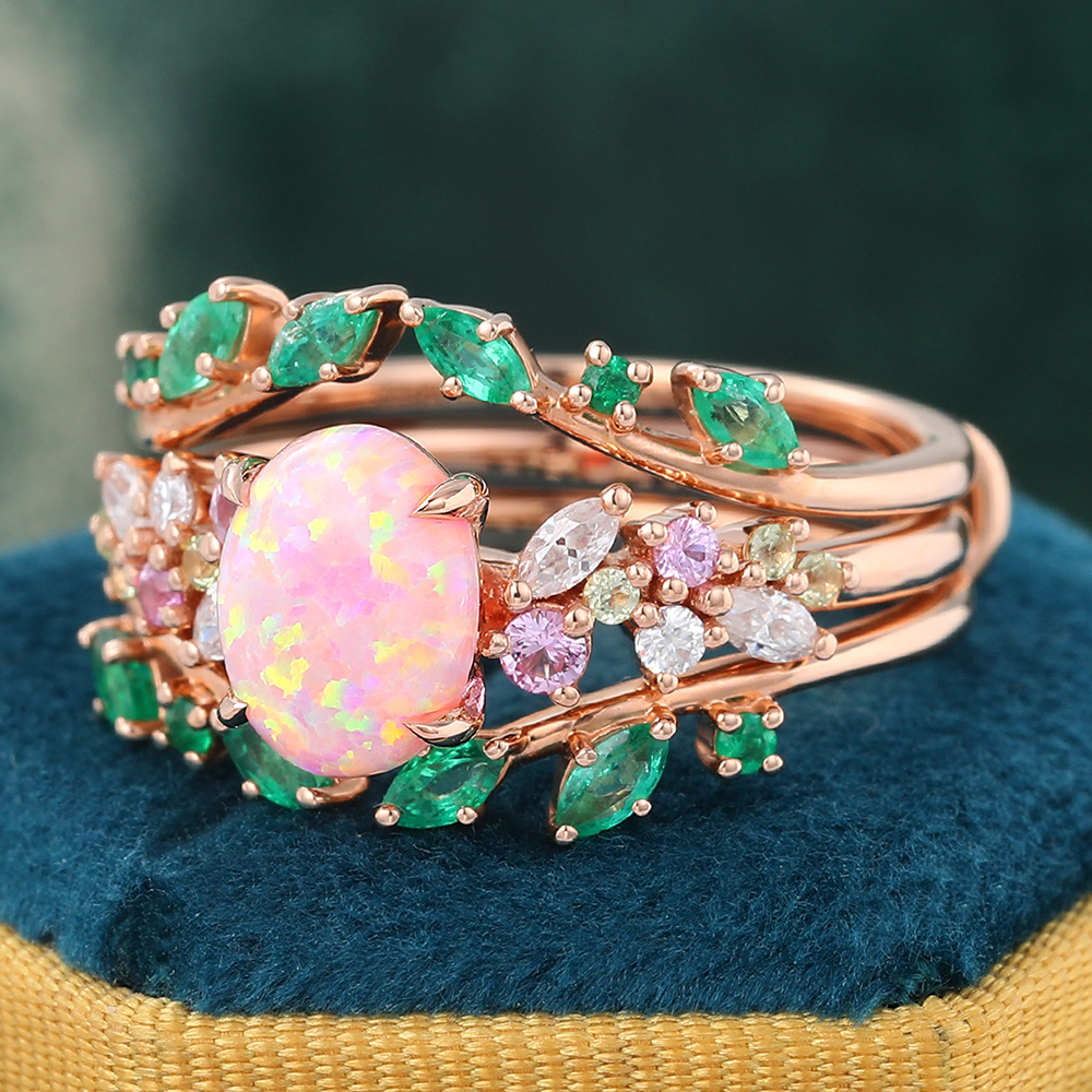 Juyoyo Vintage Oval Pink Opal Engagement Ring Nature Inspired Emerald Wedding Band Rose Gold