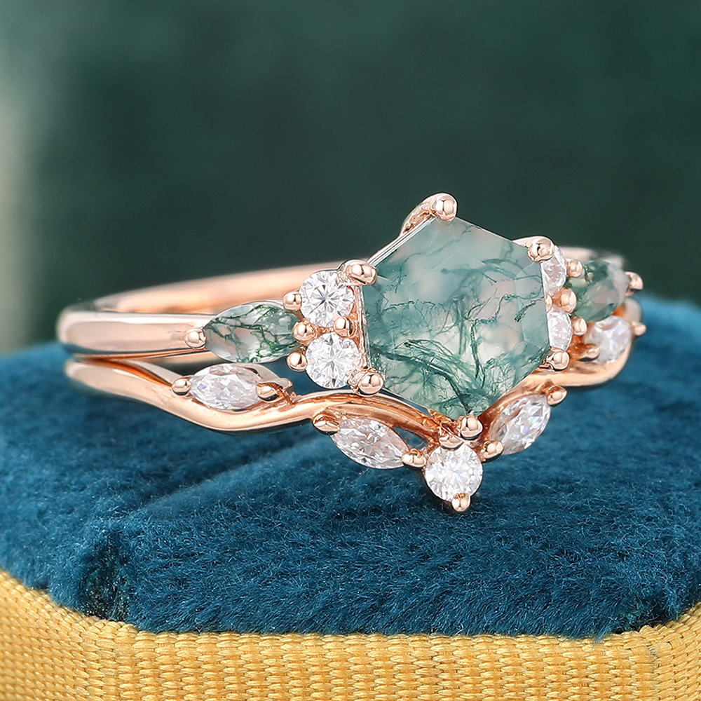 Juyoyo Hexagon Cut Moss Agate Ring with Matching Curved Wedding Band - 2PCS Bridal Ring Set