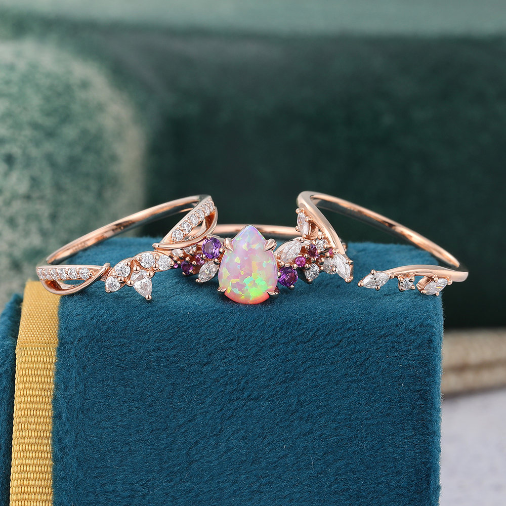 Juyoyo 3PCS Pear Shaped Pink Opal Bridal Ring Set Rose Gold Wedding Ring Set for Women