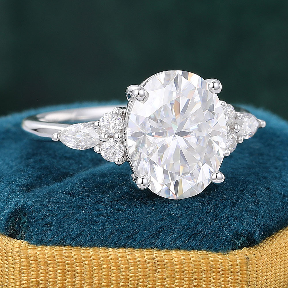 Juyoyo Oval Moissanite Engagement Ring Vintage Cluster Promise Wedding Ring in 14K White Gold