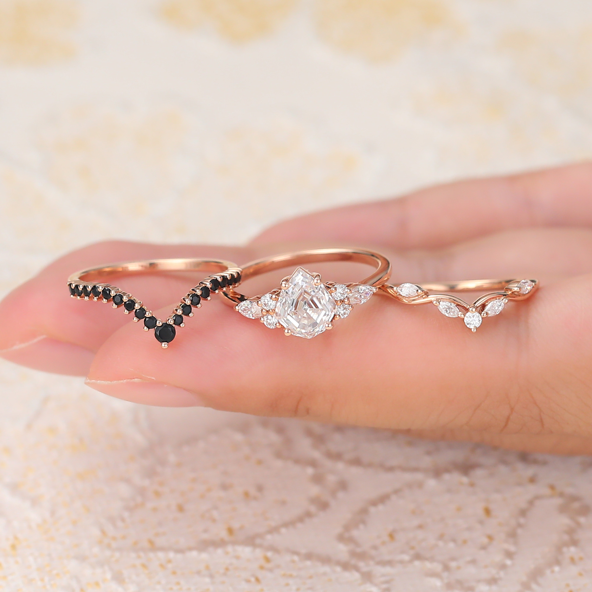 Juyoyo Shield Shaped Moissanite Bridal Ring Set Black Onyx Engagement Ring Set - 3pcs