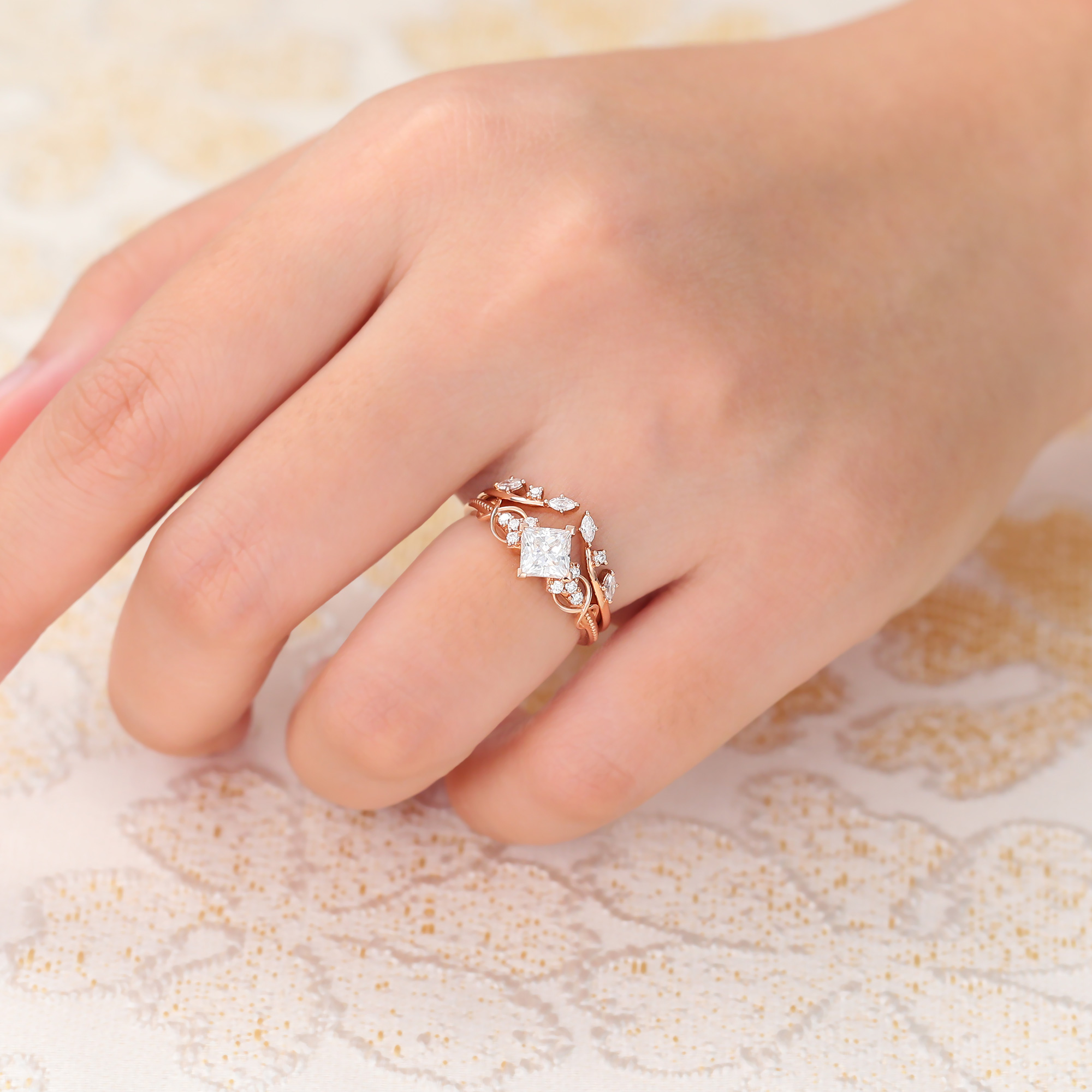 Juyoyo Princess Cut Moissanite Engagement Ring Set with Nature Inspired Engagement Ring Rose Gold