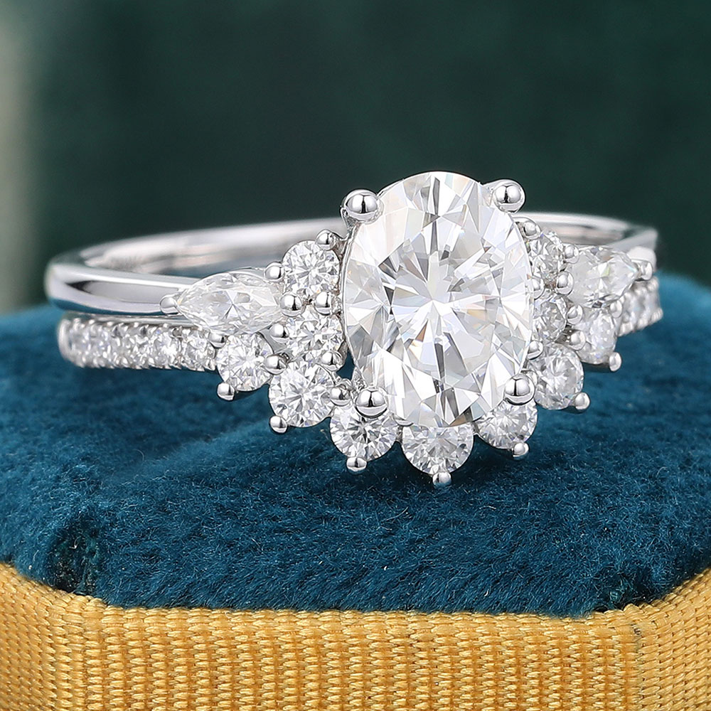 Oval Moissanite Bridal Set Vintage Cluster Engagement Ring with Curved Anniversary Band White Gold
