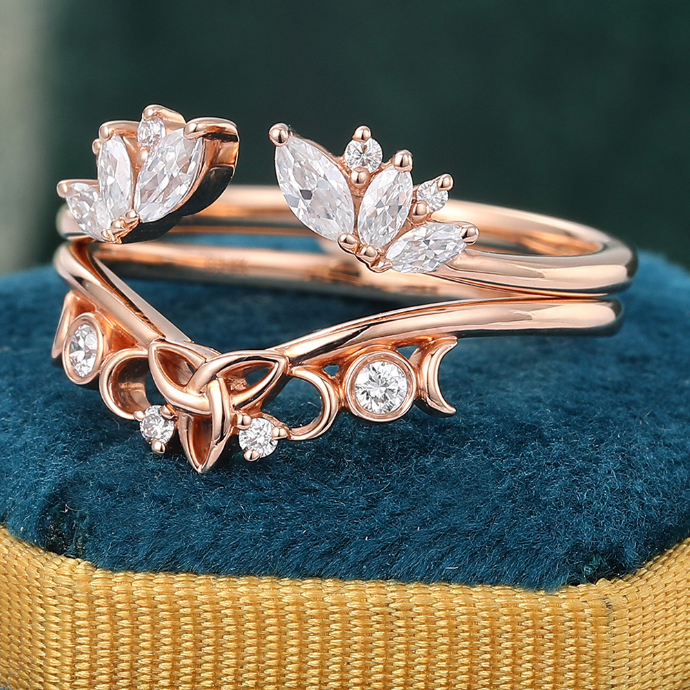 Juyoyo Vintage Round & Marquise Cut Moissanite Double Curved Wedding Band Stacking Ring