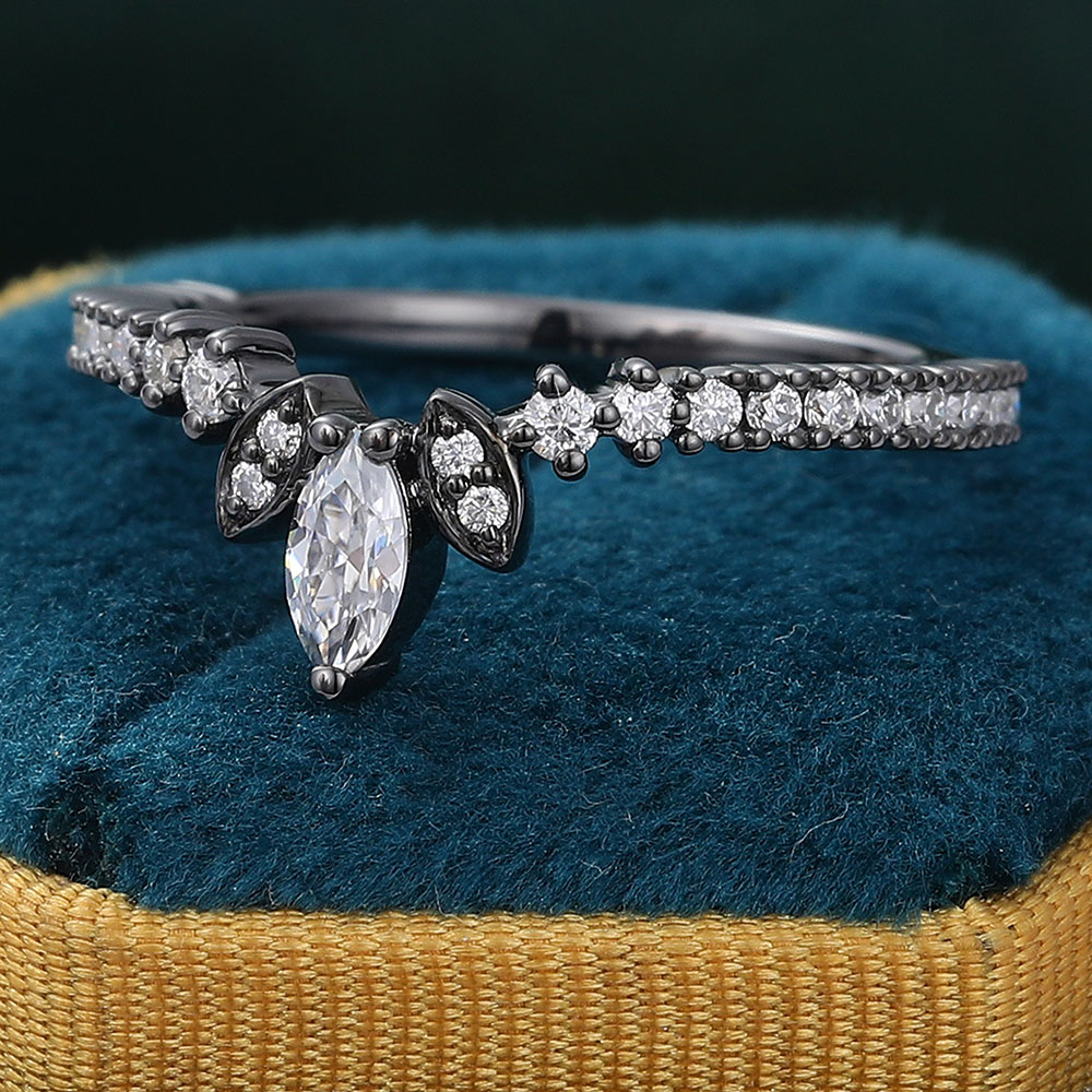 Juyoyo Marquise Cut Moissanite Curved Wedding Band Stackable 14K Black Gold Ring