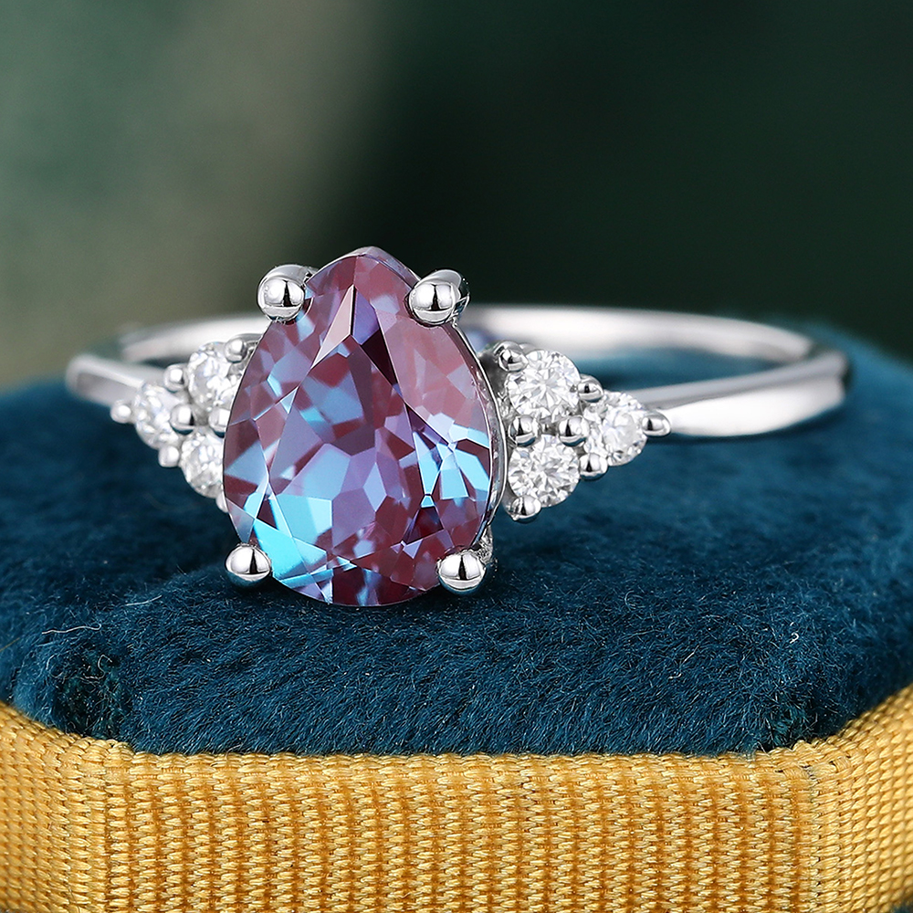 Juyoyo Pear Shaped Alexandrite and Diamond Engagement Ring in 14K White Gold