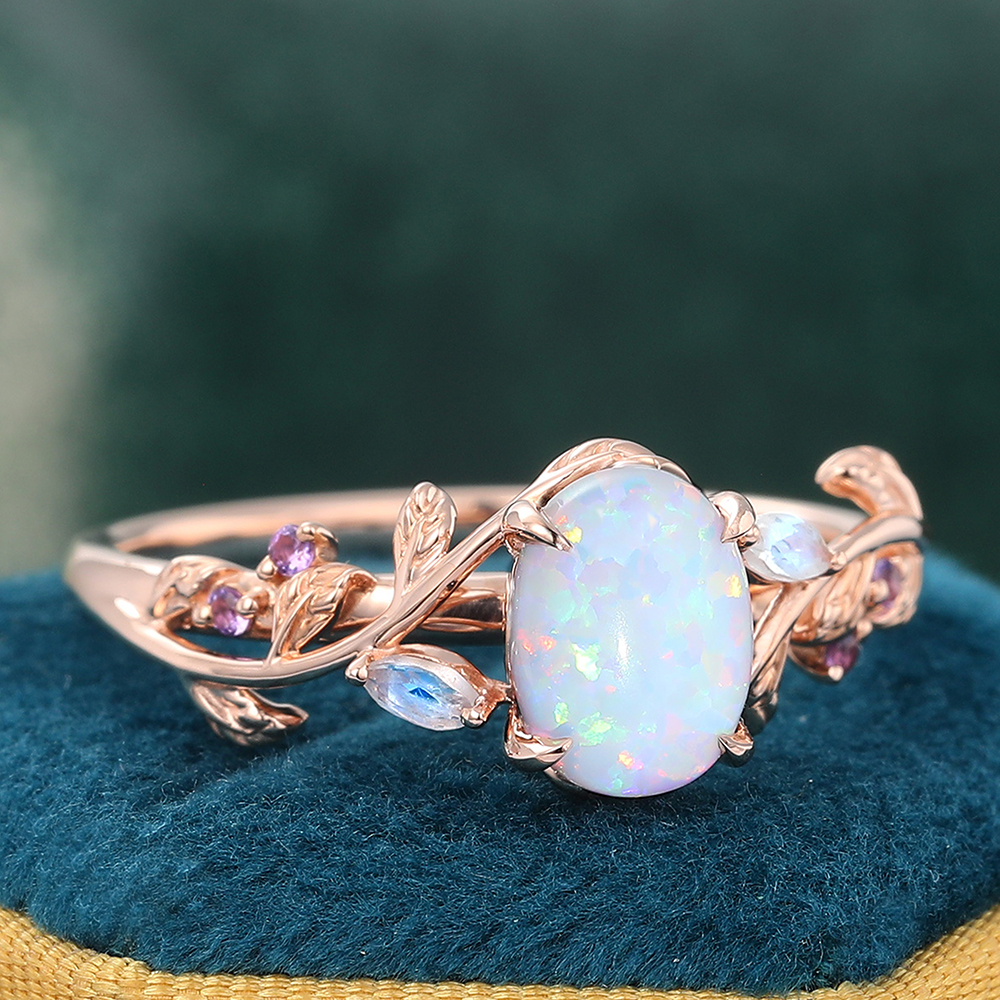Juyoyo Vintage Oval Opal Engagement Ring Nature Inspired Moonstone Amethyst Ring 14K Rose Gold