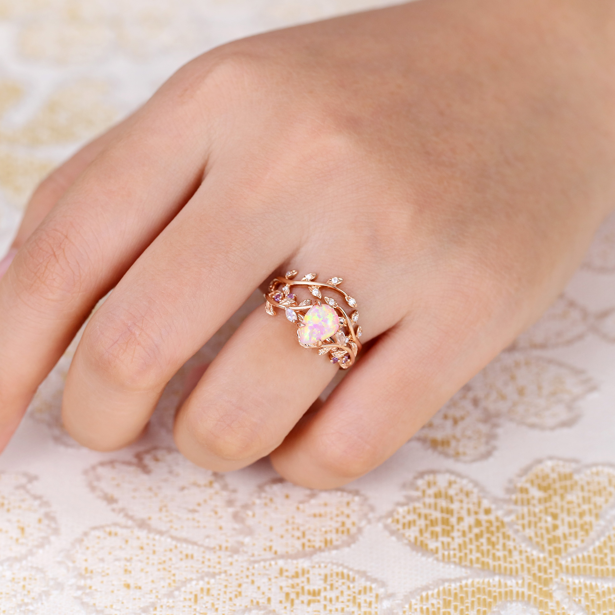 Juyoyo Pear Pink Opal Wedding Ring Set Moissanite Leaf Stacking Band Women Nature Inspired Ring Set