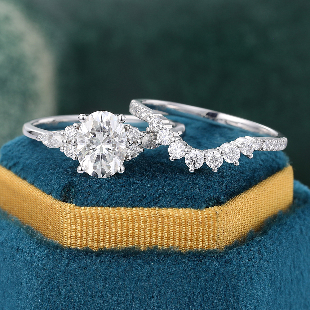 Oval Moissanite Bridal Set Vintage Cluster Engagement Ring with Curved Anniversary Band White Gold