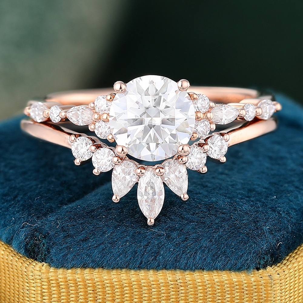 Juyoyo Moissanite Engagement Set Vintage Rose Gold Moissanite Wedding Set for Women - 2pcs