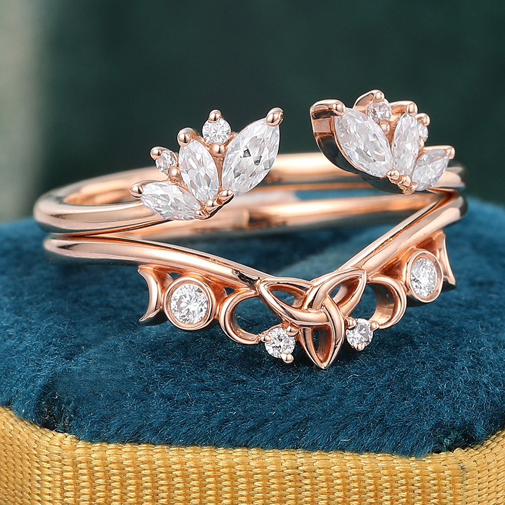 Juyoyo Vintage Round & Marquise Cut Moissanite Double Curved Wedding Band Stacking Ring