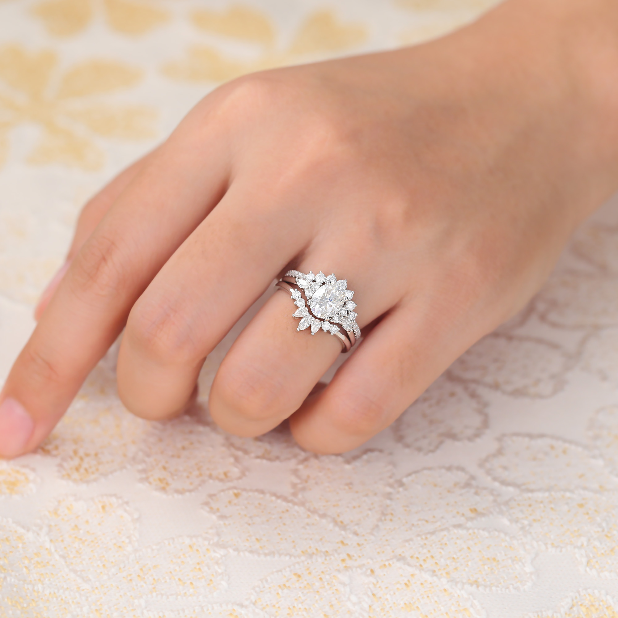 Juyoyo Oval Moissanite Engagement Ring Set Vintage Wedding Ring Set White Gold - 3pcs