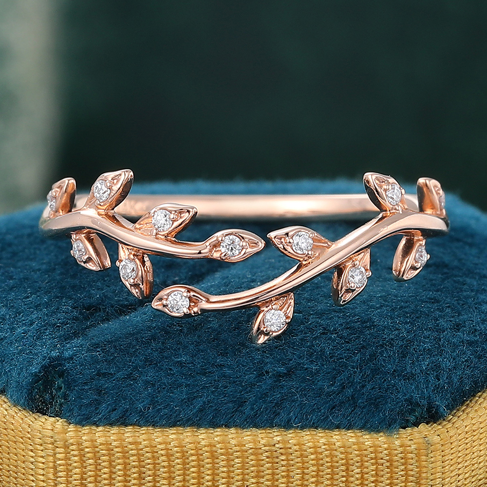 Juyoyo Unique Vintage Moissanite Curved Wedding Band Nature Inspired Leaf Vine Stacking Ring