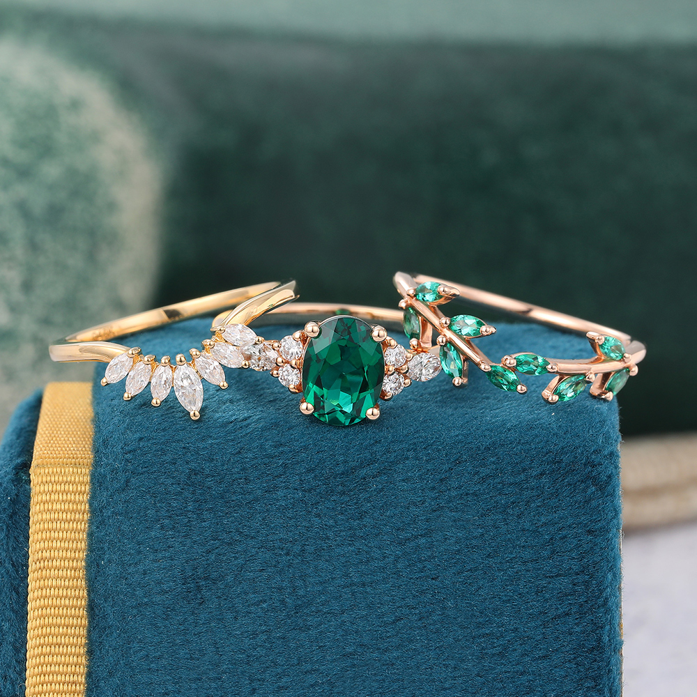 Juyoyo Vintage Emerald and Diamond Wedding Ring Set Nature Inspired Engagement Ring Set - 3pcs