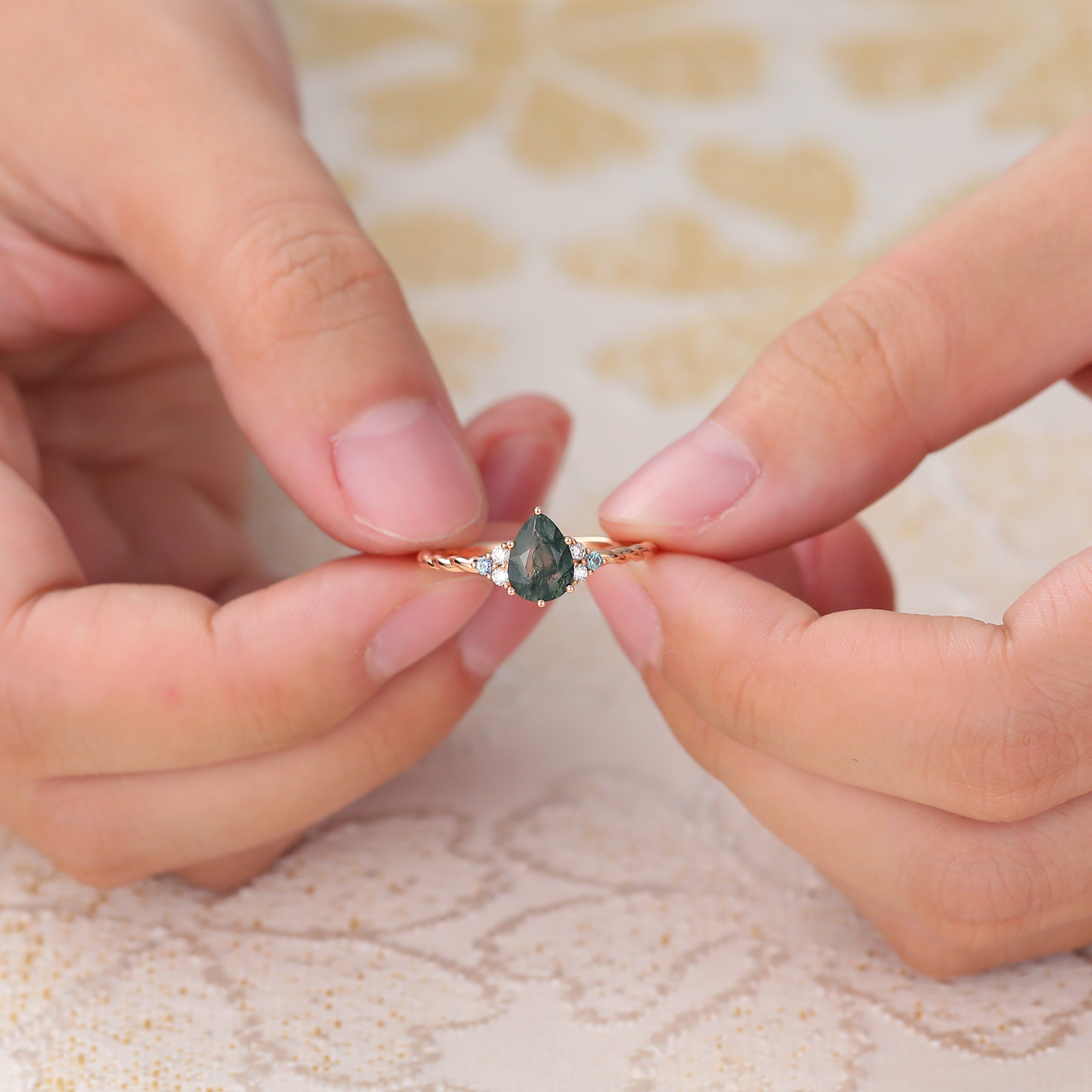 Juyoyo Pear Moss Agate Engagement Ring Twisted Ring with Alexandrite & Moissanite Accents