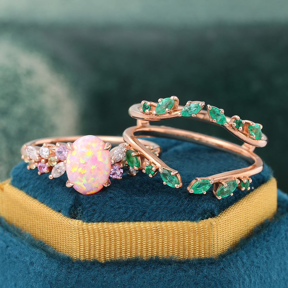 Juyoyo Vintage Oval Pink Opal Engagement Ring Nature Inspired Emerald Wedding Band Rose Gold
