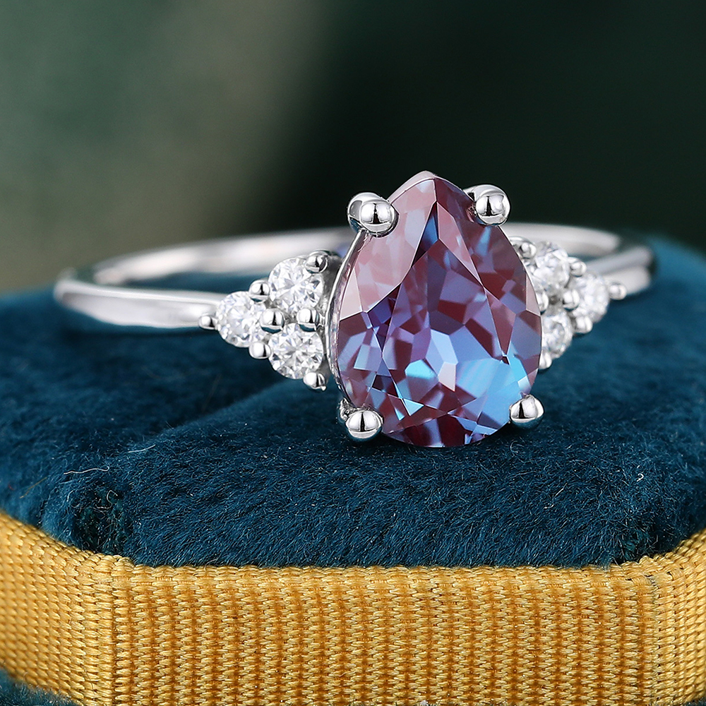 Juyoyo Pear Shaped Alexandrite and Diamond Engagement Ring in 14K White Gold