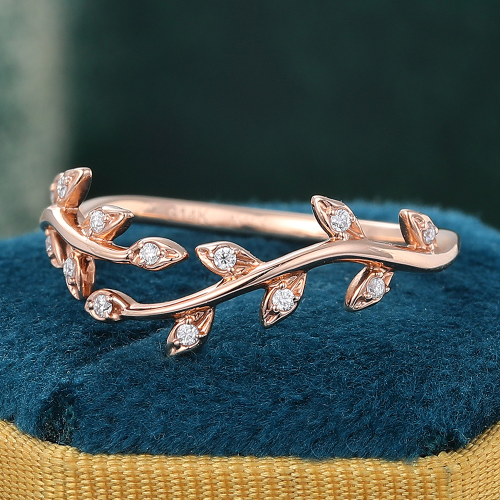 Juyoyo Unique Vintage Moissanite Curved Wedding Band Nature Inspired Leaf Vine Stacking Ring