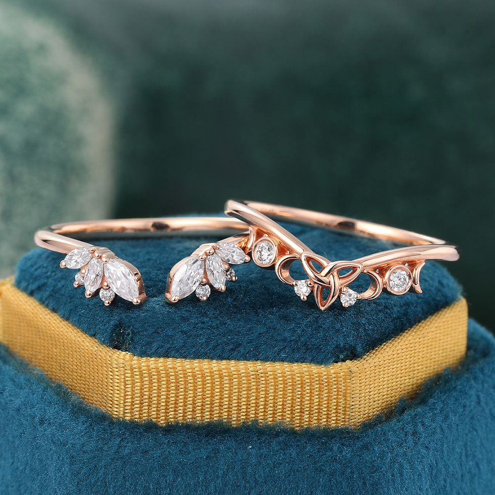 Juyoyo Vintage Round & Marquise Cut Moissanite Double Curved Wedding Band Stacking Ring