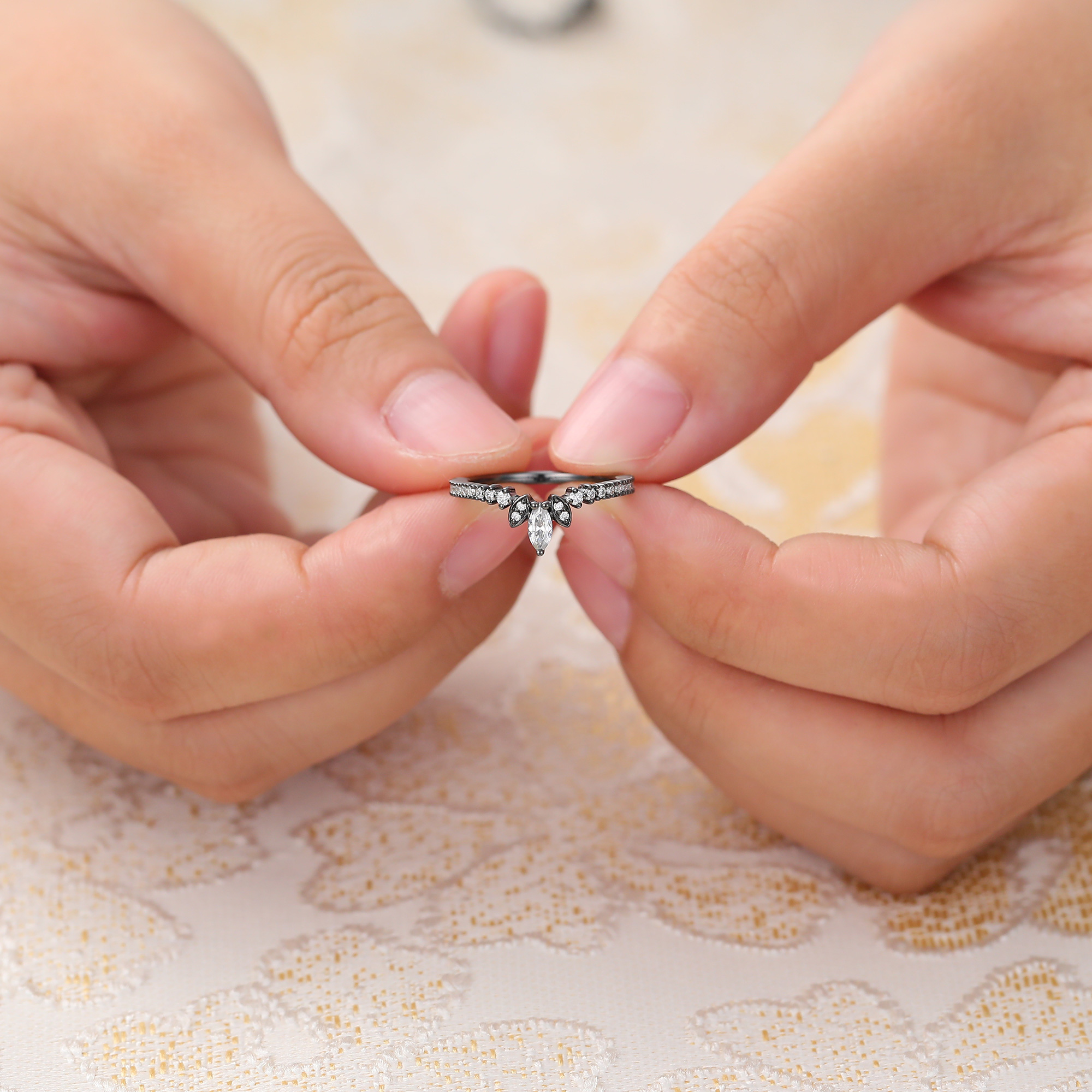 Juyoyo Marquise Cut Moissanite Curved Wedding Band Stackable 14K Black Gold Ring