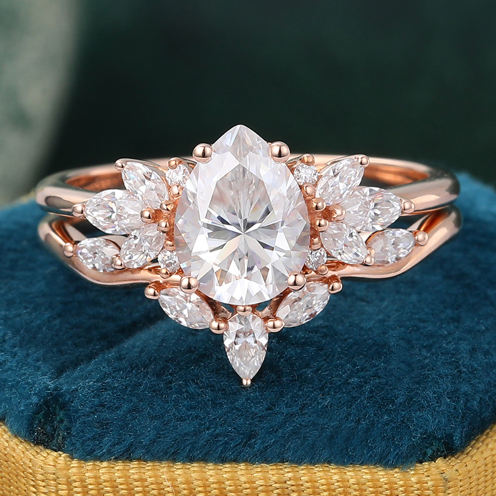 Juyoyo Vintage Pear Shaped Moissanite Engagement Ring Set 14k Rose Gold Unique Bridal Ring - 2pcs