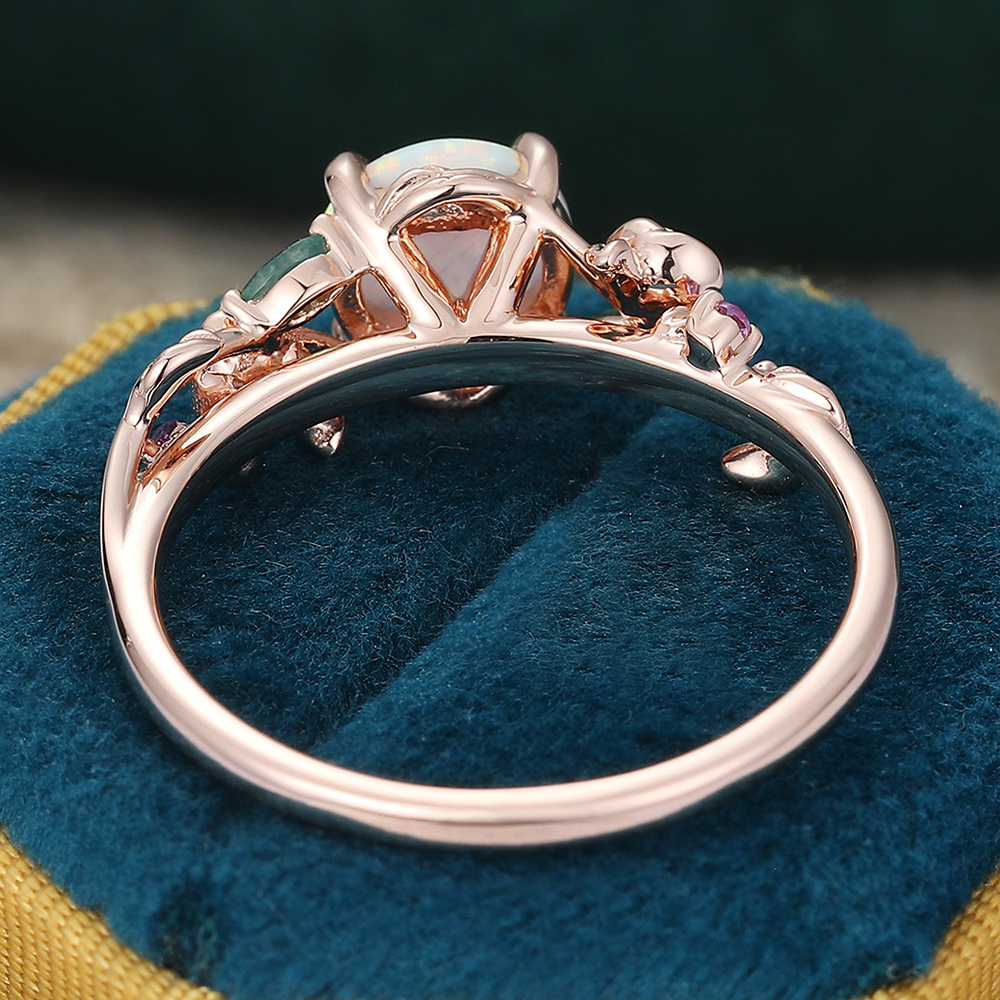 Juyoyo 14K Rose Gold Round Opal Engagement Ring Rose Leaf Nature Inspired Wedding Ring