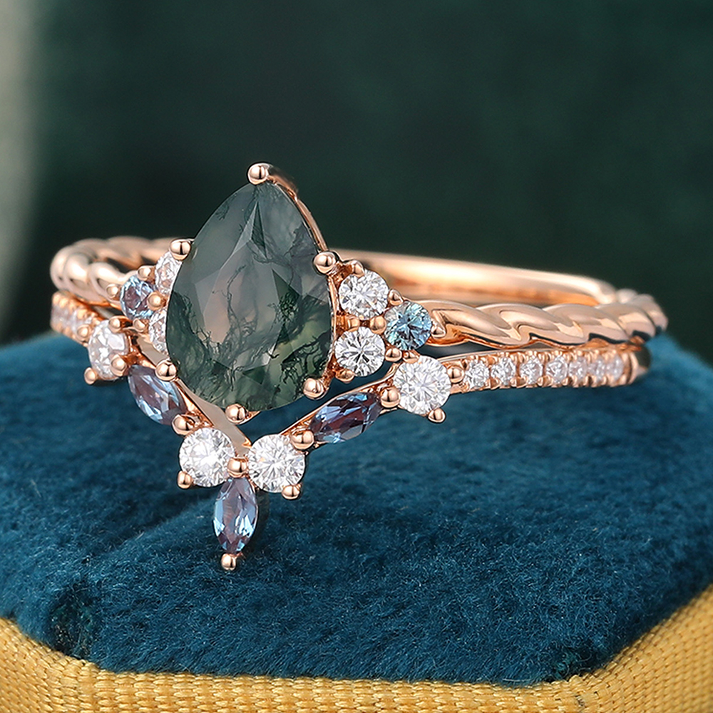 Juyoyo Moss Agate & Moissanite & Alexandrite Bridal Ring Set Affordable Wedding Set -2pcs