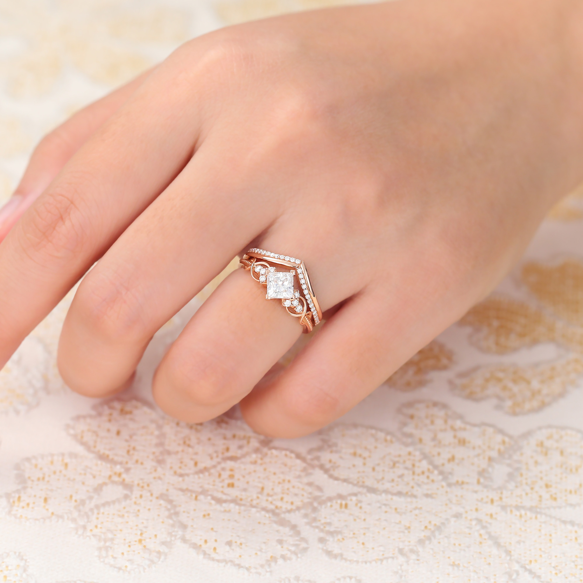 Juyoyo Princess Cut Moissanite Ring Set with Stackable Curved Matching Wedding Band Bridal Set