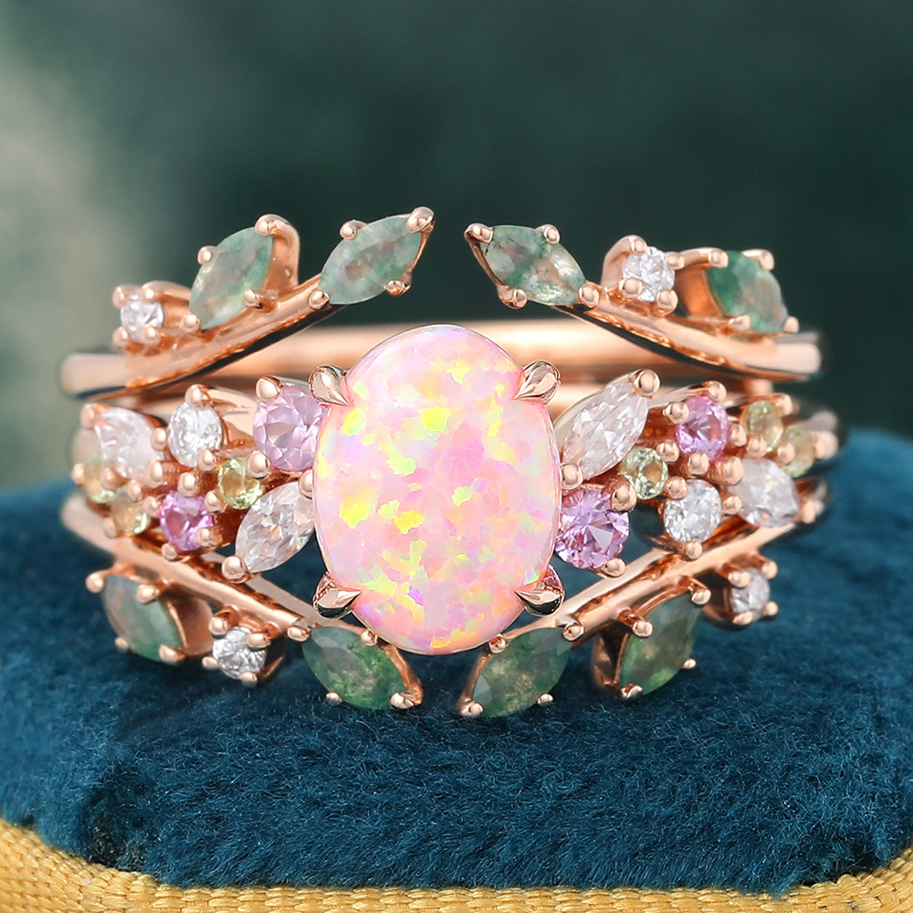 Juyoyo Oval Cut Pink Opal Bridal Ring Set Vintage Nature Inspired Double Curved Wedding Band